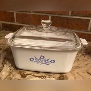 Corningware White Casserole Dish with Blue Floral Pattern